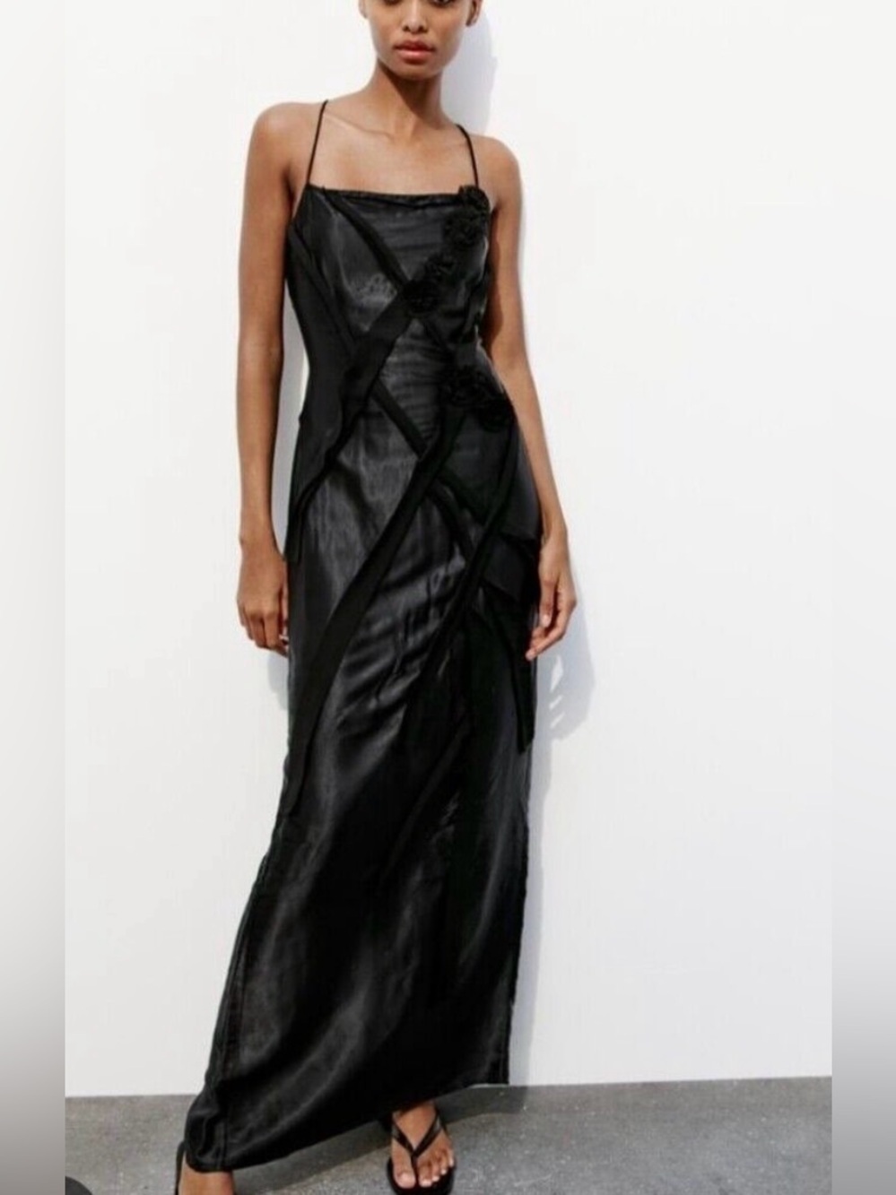 Zara Black Satin Rosette Maxi Dress Size M Blogger Favorite